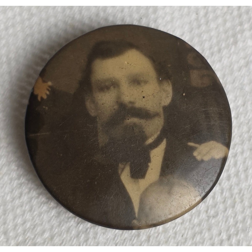 Antique St Louis Button Co Sepia Portrait Gentleman Mourning Pin Small